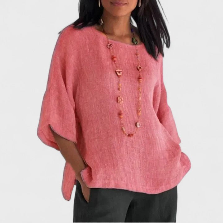 Mila | Women's Cotton-Linen Short Sleeve Blouse - Purple