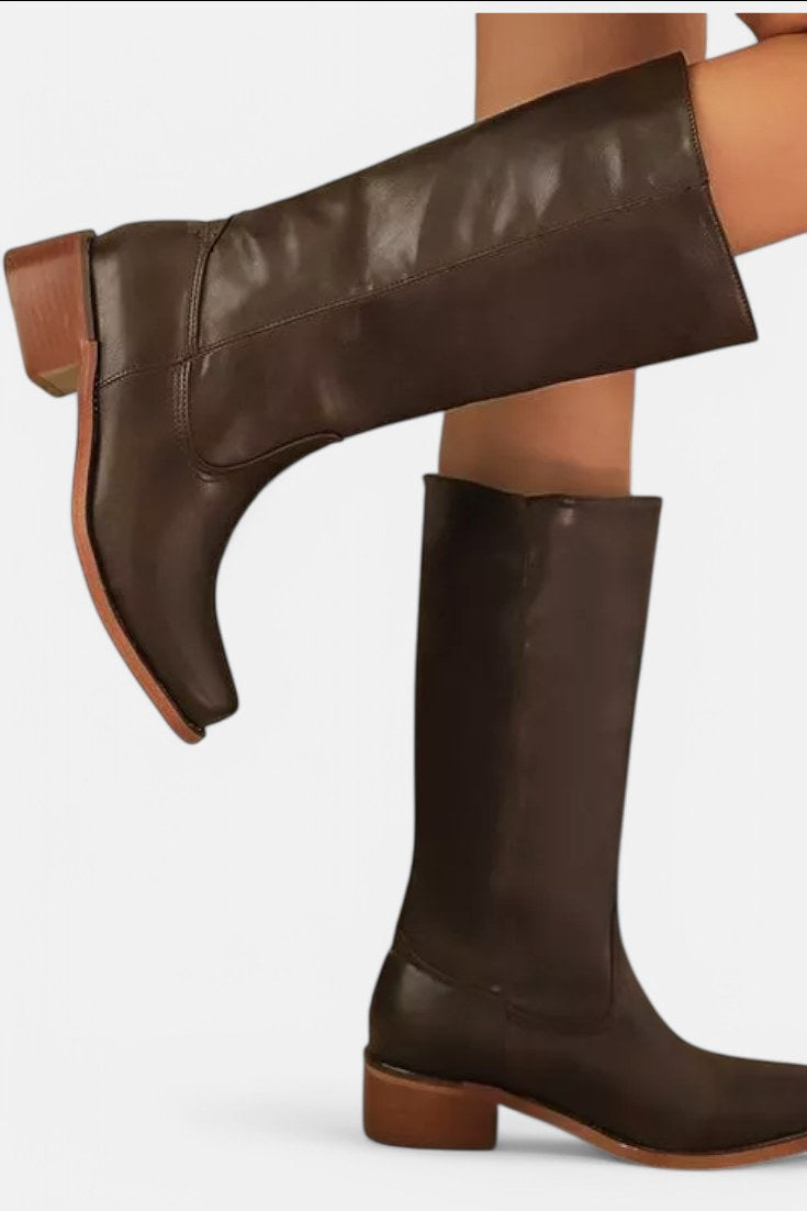 Millie | Women's Knee-High Leather Boots with Block Heel, Elegant Leather Boots | Animated Apparel