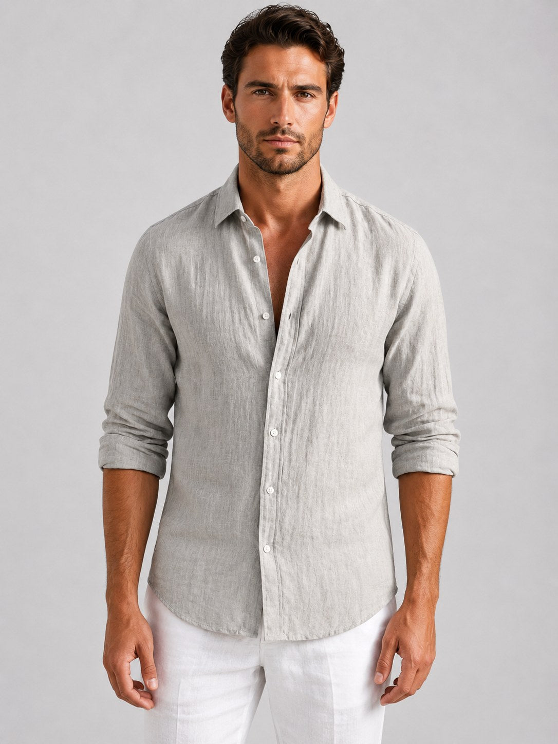 Mitchell | Men's Linen-Look Shirt, Relaxed Fit Button-Up | Animated Apparel | Beige