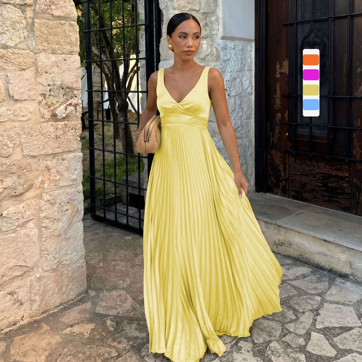 Monique | Women's Pleated Maxi Dress with V-Neckline, Formal Wedding Guest Dress | Animated Apparel | Magenta