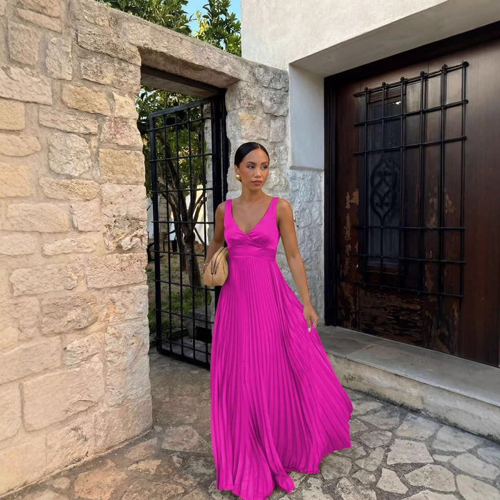 Monique | Women's Pleated Maxi Dress with V-Neckline, Formal Wedding Guest Dress | Animated Apparel | Teal
