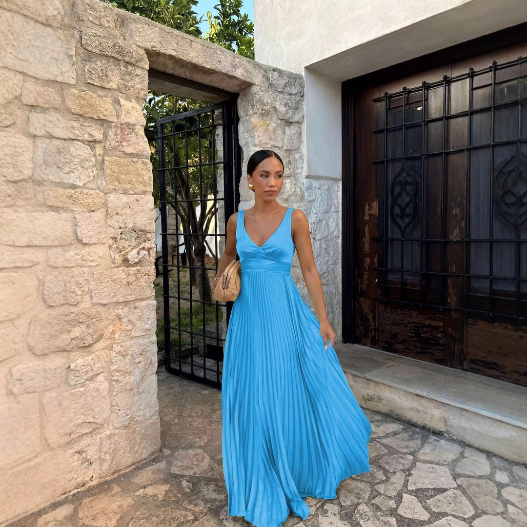 Monique | Women's Pleated Maxi Dress with V-Neckline, Formal Wedding Guest Dress | Animated Apparel | Orange-Red