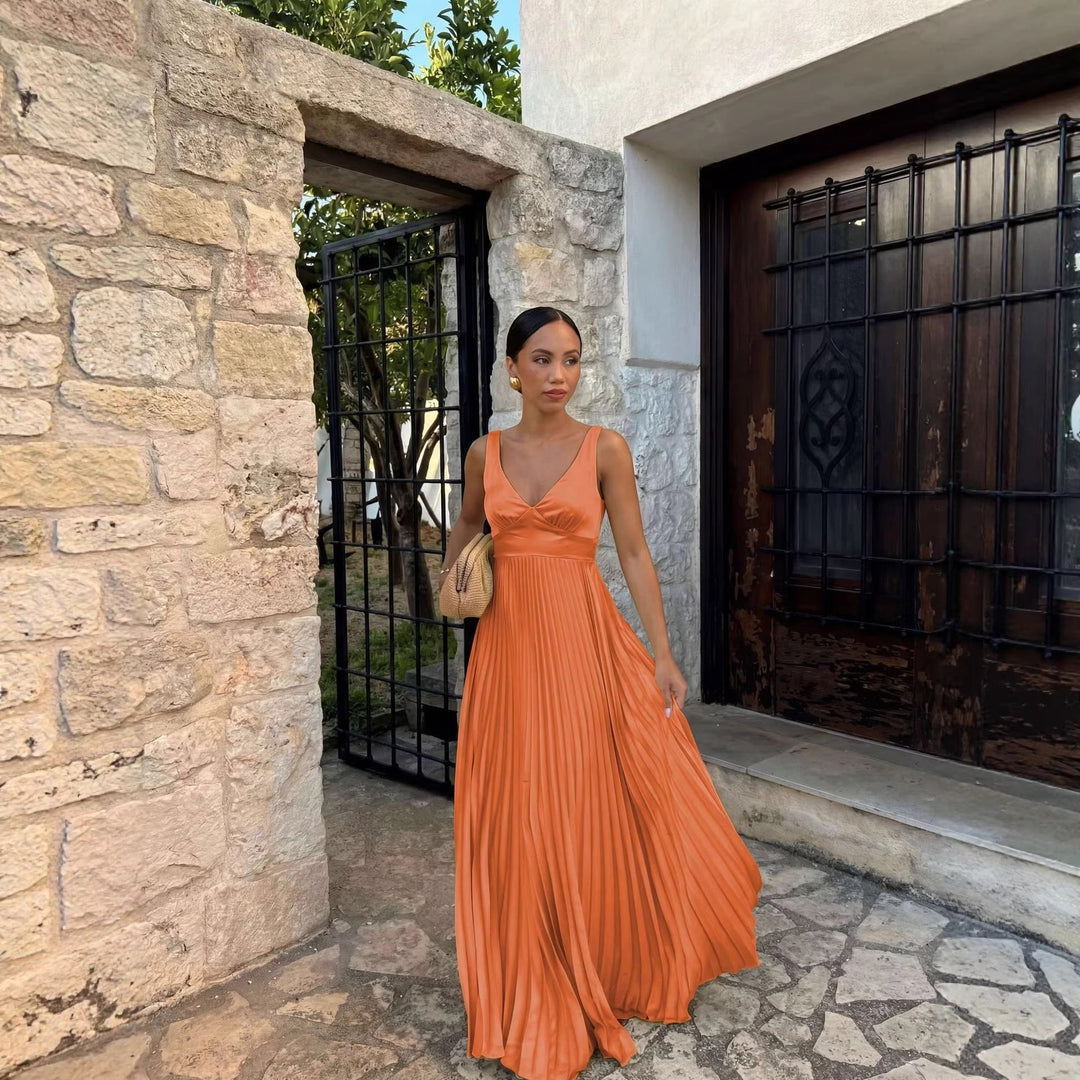 Monique | Women's Pleated Maxi Dress with V-Neckline, Formal Wedding Guest Dress | Animated Apparel | Yellow