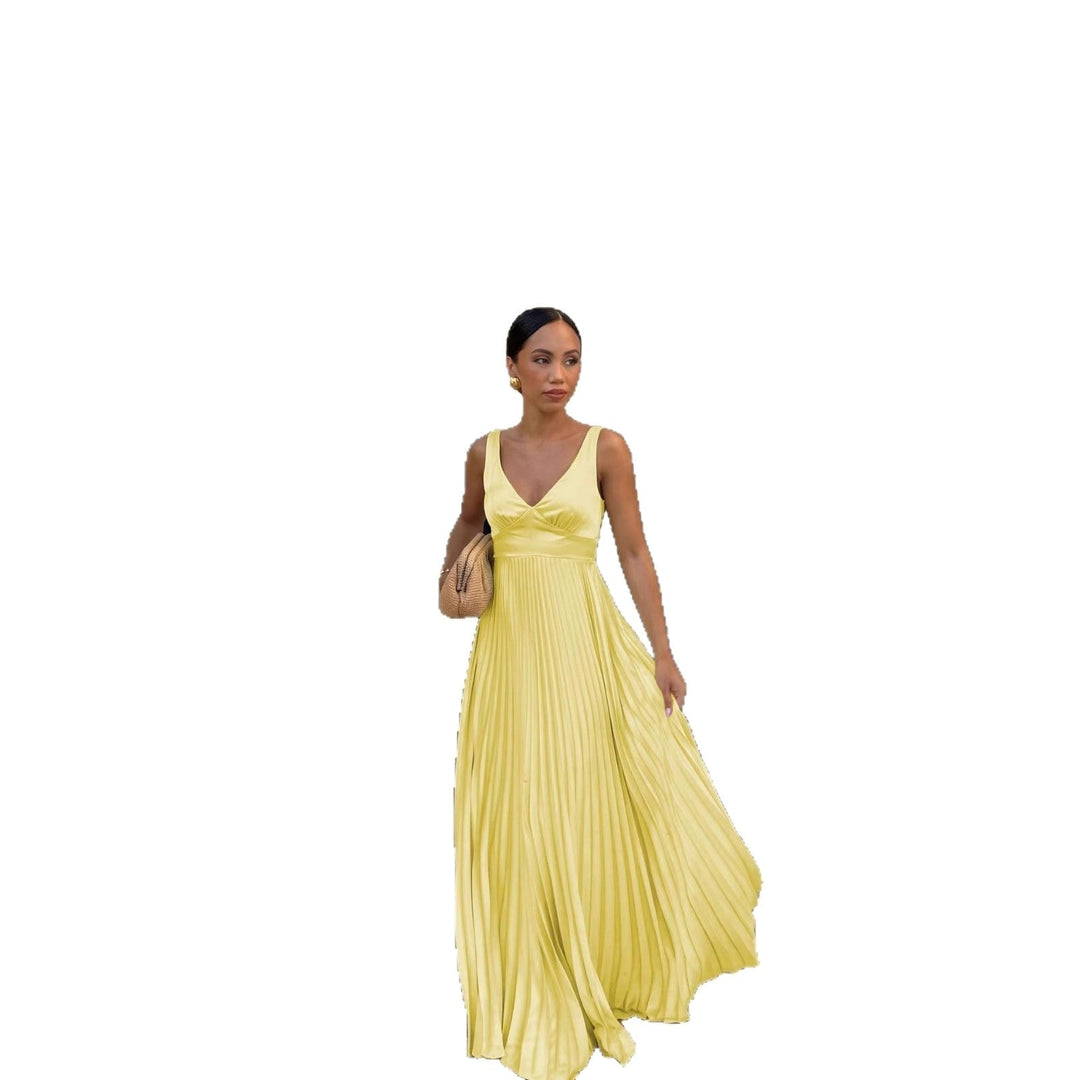Monique | Women's Pleated Maxi Dress with V-Neckline, Formal Wedding Guest Dress | Animated Apparel
