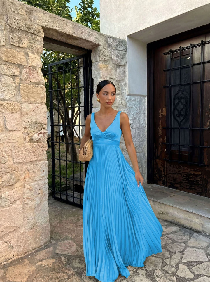 Monique | Women's Pleated Maxi Dress with V-Neckline, Formal Wedding Guest Dress | Animated Apparel