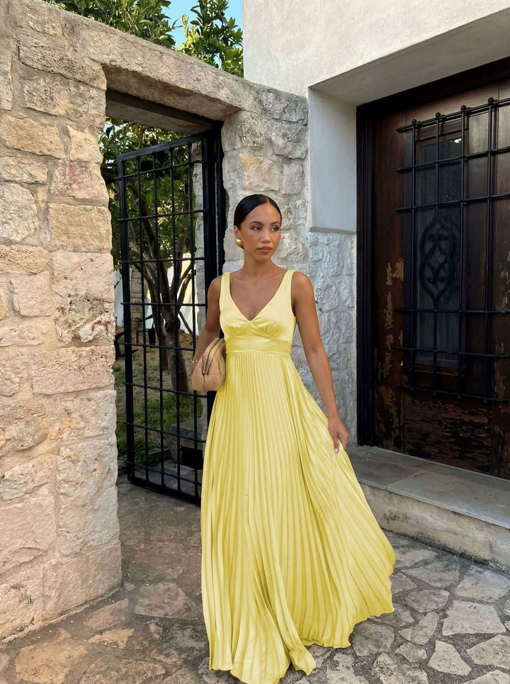Monique | Women's Pleated Maxi Dress with V-Neckline, Formal Wedding Guest Dress | Animated Apparel