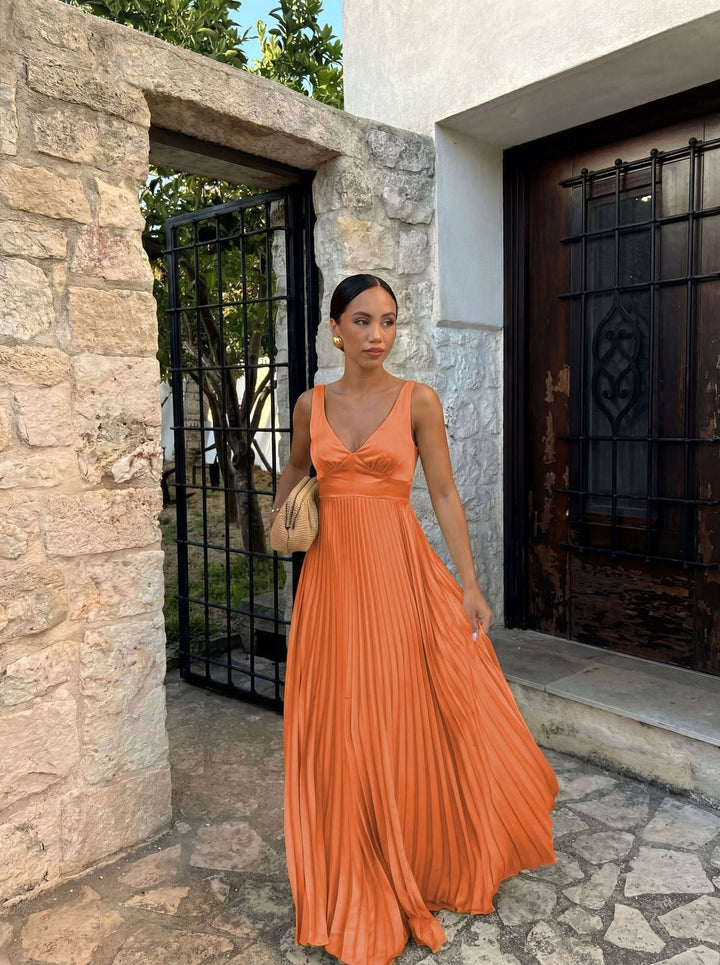 Monique | Women's Pleated Maxi Dress with V-Neckline, Formal Wedding Guest Dress | Animated Apparel