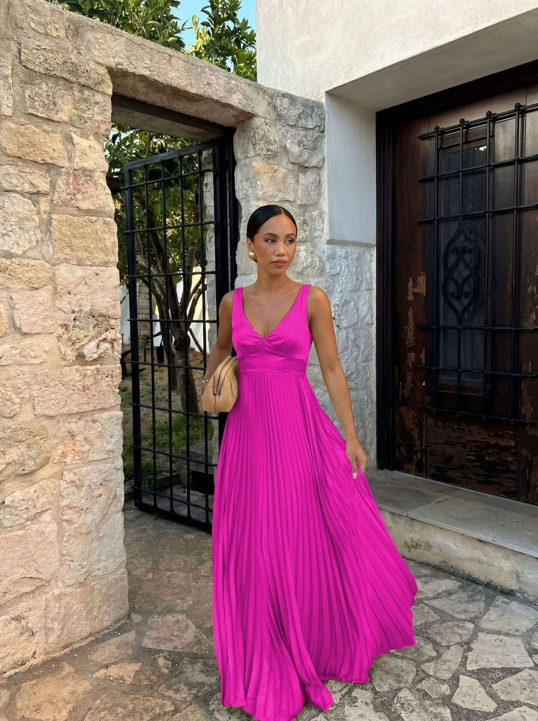Monique | Women's Pleated Maxi Dress with V-Neckline, Formal Wedding Guest Dress | Animated Apparel