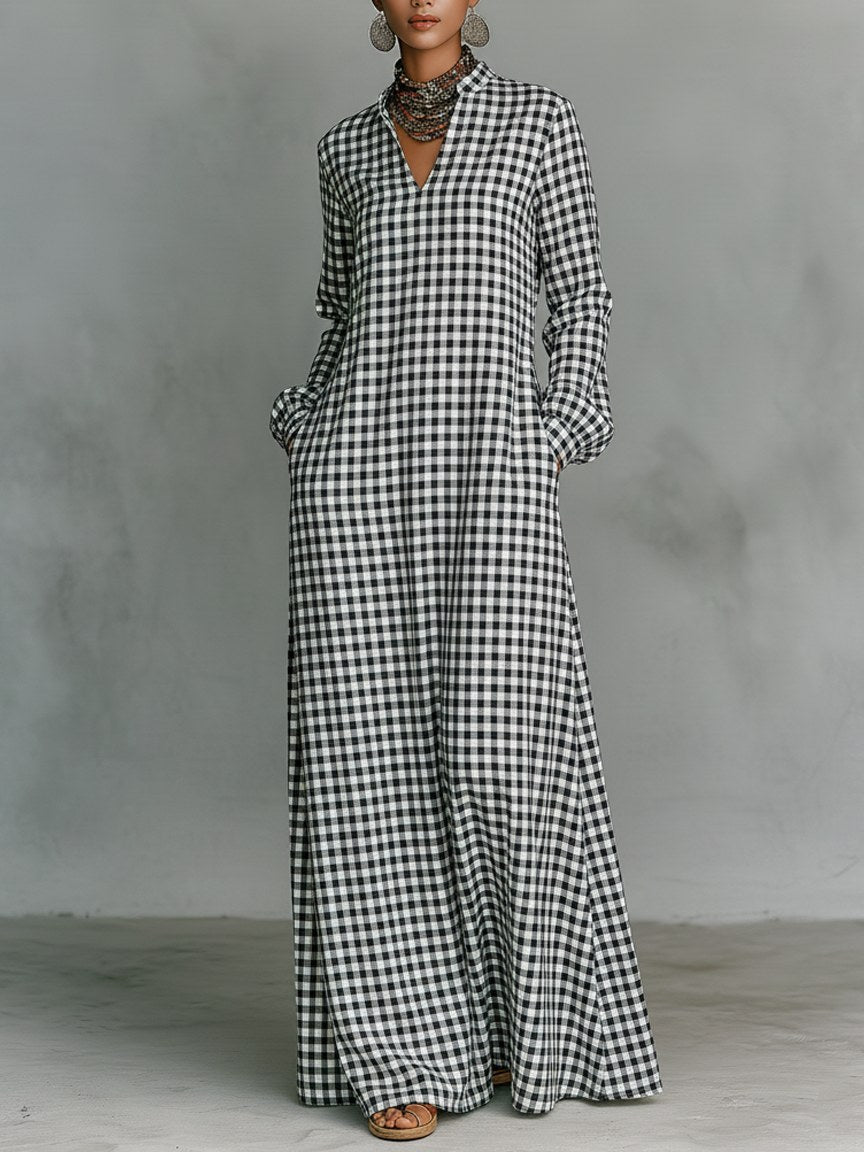 Morgan | Women's Plaid V-Neck Long-Sleeve Maxi Dress - White