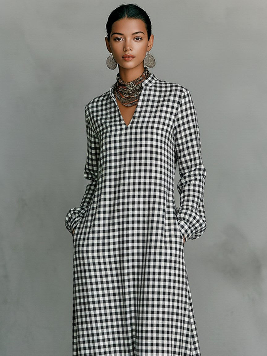 Morgan | Women's Plaid V-Neck Long-Sleeve Maxi Dress - image 2