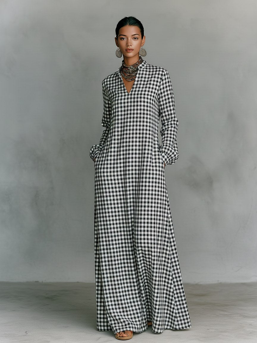 Morgan | Women's Plaid V-Neck Long-Sleeve Maxi Dress - image 4