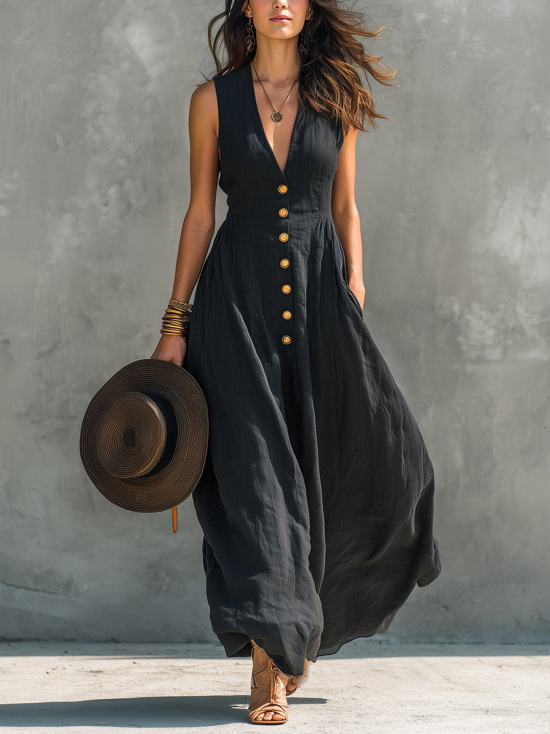 Morgan | Women's V-Neck Sleeveless Maxi Dress - Black