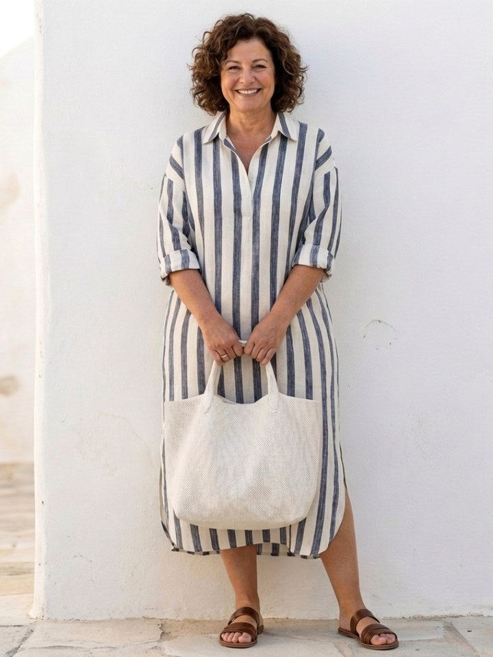 Naomi | Women's Long Sleeve Striped Midi Shirt Dress - Brown
