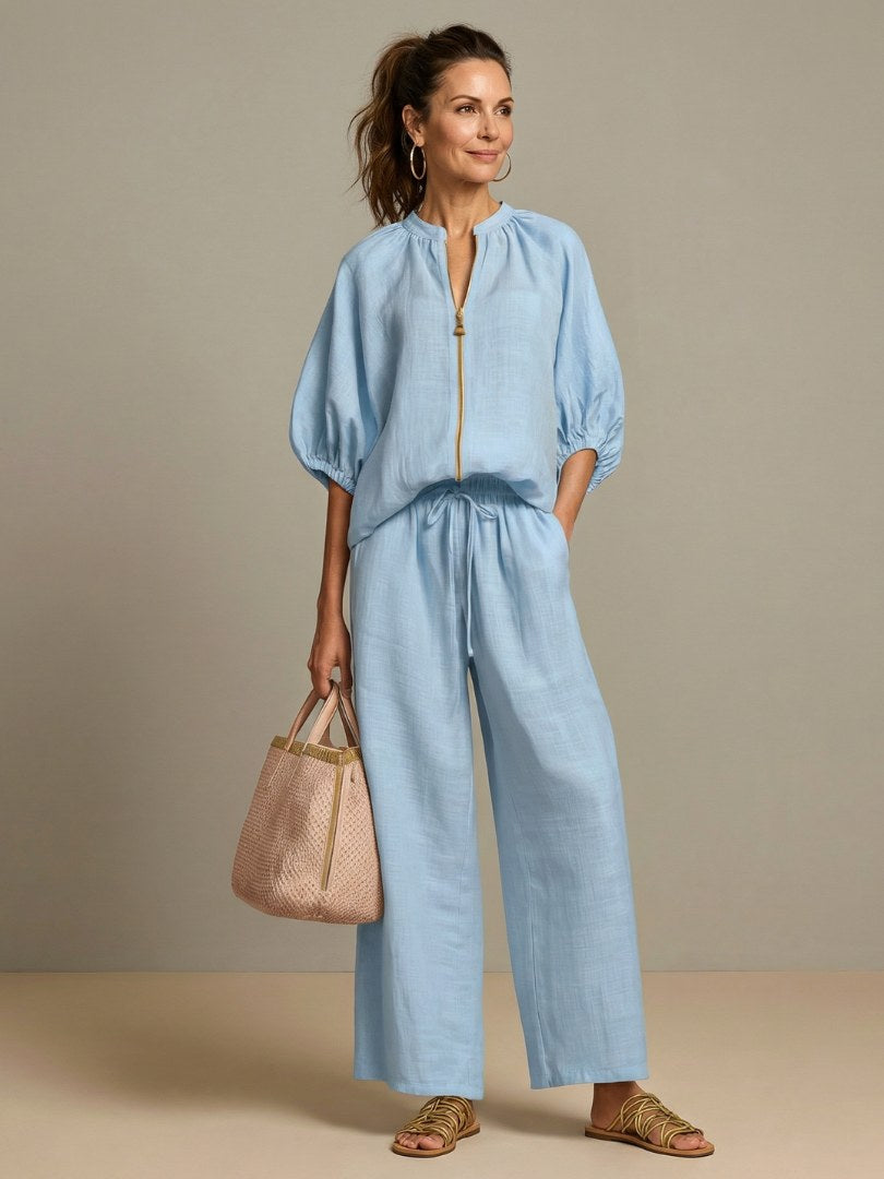Natalia | Women's Zip Front Blouson Two-Piece Set - Blue