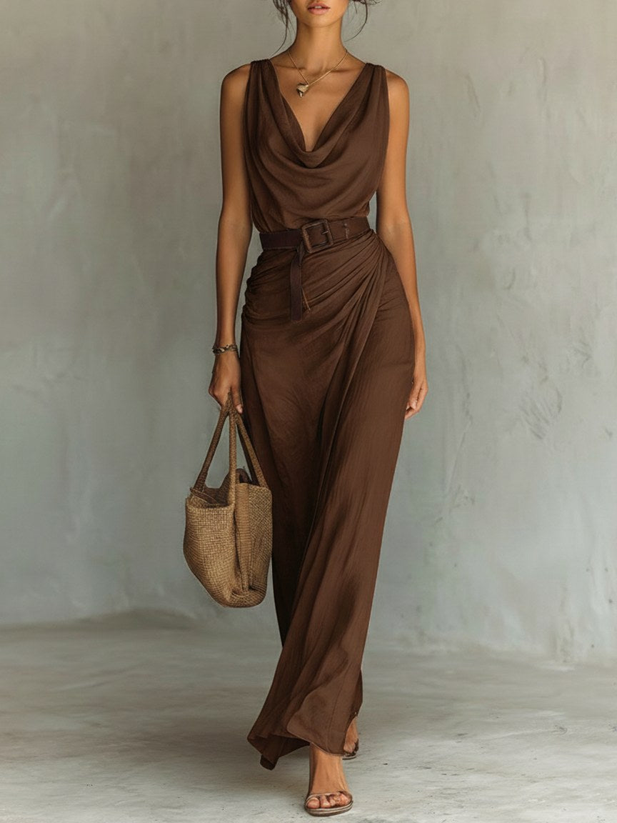 Natalie | Women's Cowl Neck Sleeveless Belted Maxi Dress - Brown