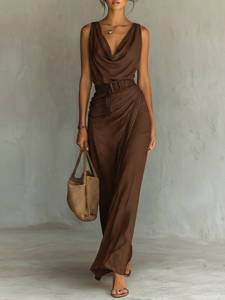 Natalie | Women's Cowl Neck Sleeveless Belted Maxi Dress - Brown