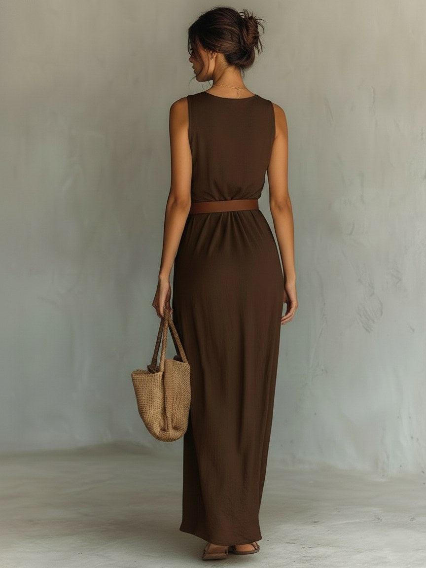 Natalie | Women's Cowl Neck Sleeveless Belted Maxi Dress - image 2
