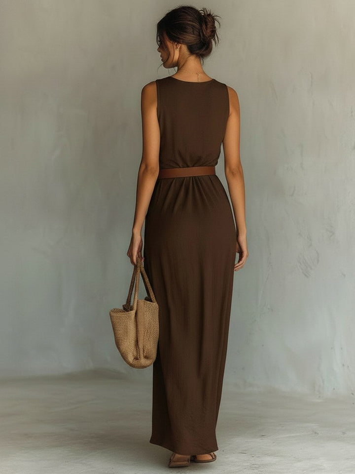 Natalie | Women's Cowl Neck Sleeveless Belted Maxi Dress - image 2