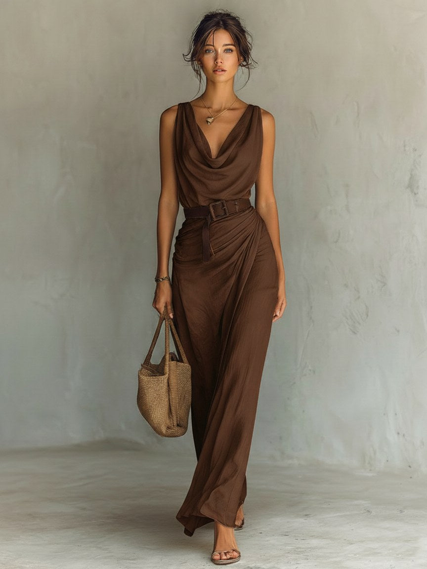 Natalie | Women's Cowl Neck Sleeveless Belted Maxi Dress - image 5