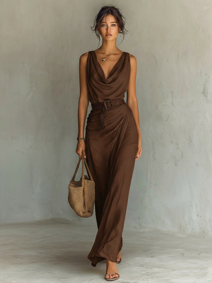 Natalie | Women's Cowl Neck Sleeveless Belted Maxi Dress - image 5