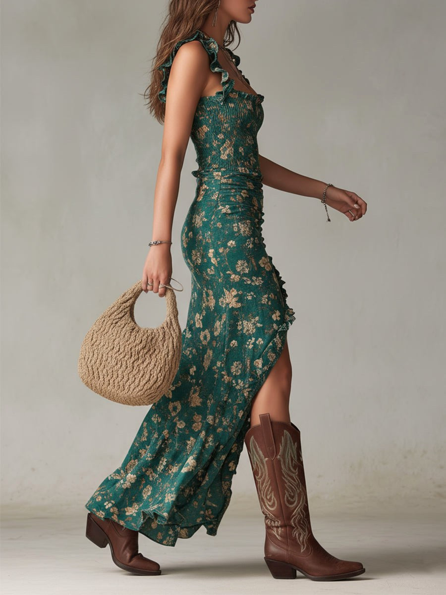 Natalie | Women's Floral Ruffle Strap Maxi Dress - Navy Blue
