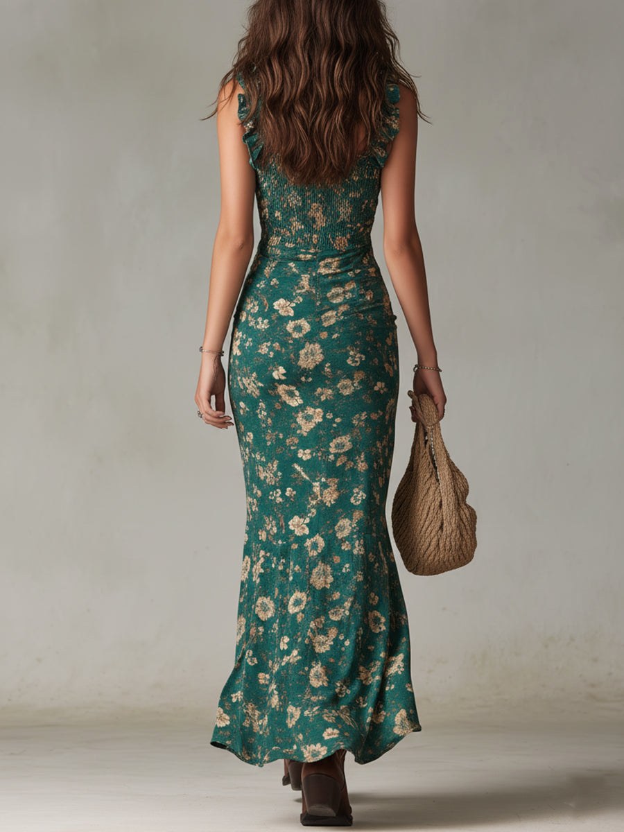 Natalie | Women's Floral Ruffle Strap Maxi Dress - Burgundy