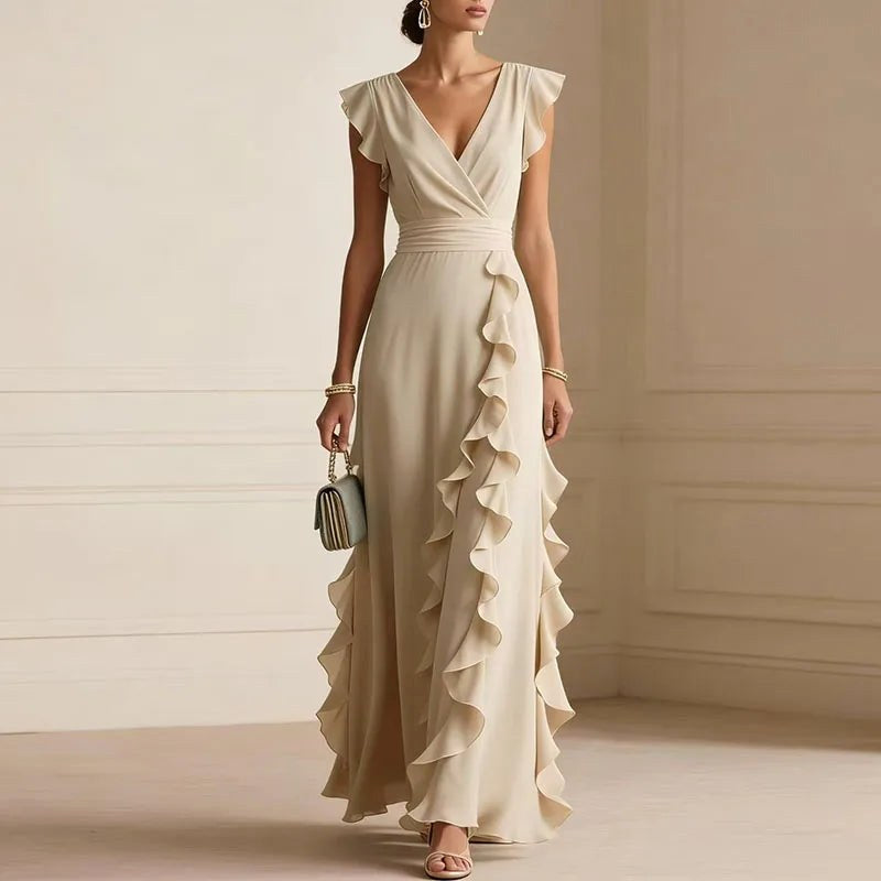 Natalie | Women's Ruffle Trim Maxi Dress - Apricot