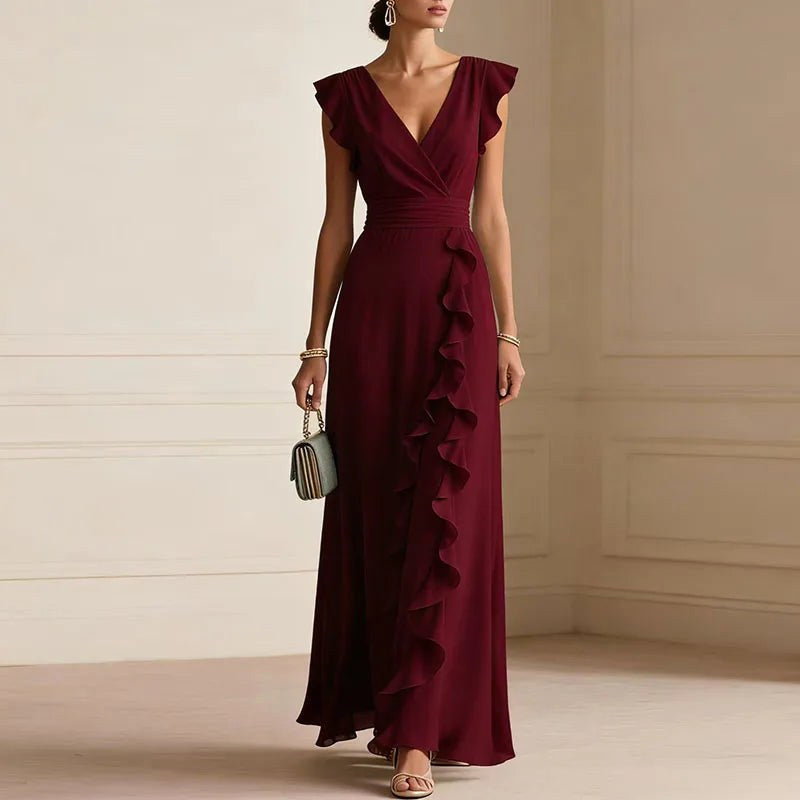 Natalie | Women's Ruffle Trim Maxi Dress - Wine Red