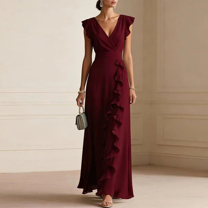 Natalie | Women's Ruffle Trim Maxi Dress - Wine Red