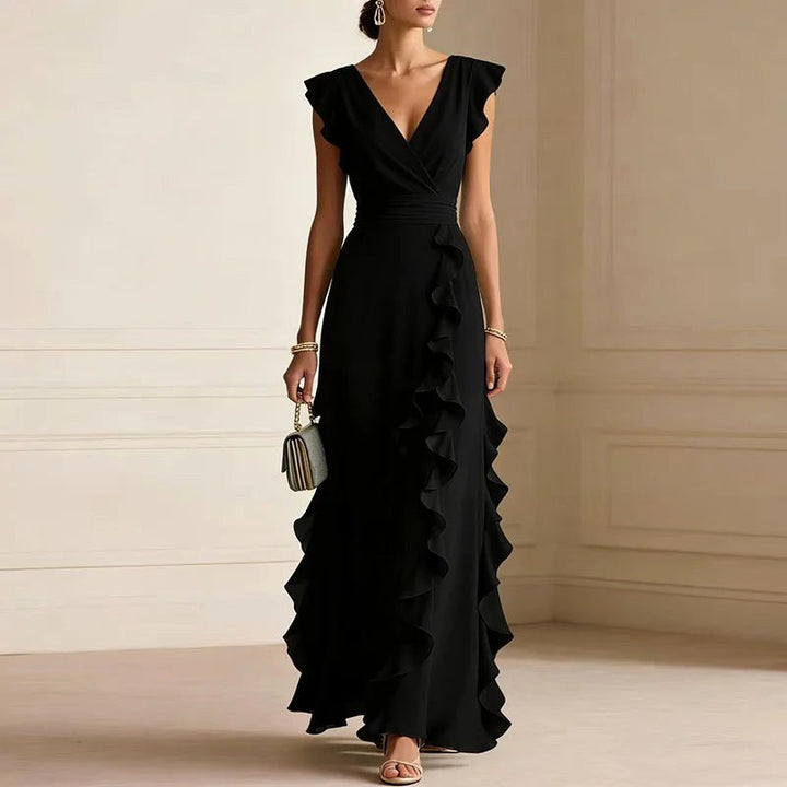 Natalie | Women's Ruffle Trim Maxi Dress - Black