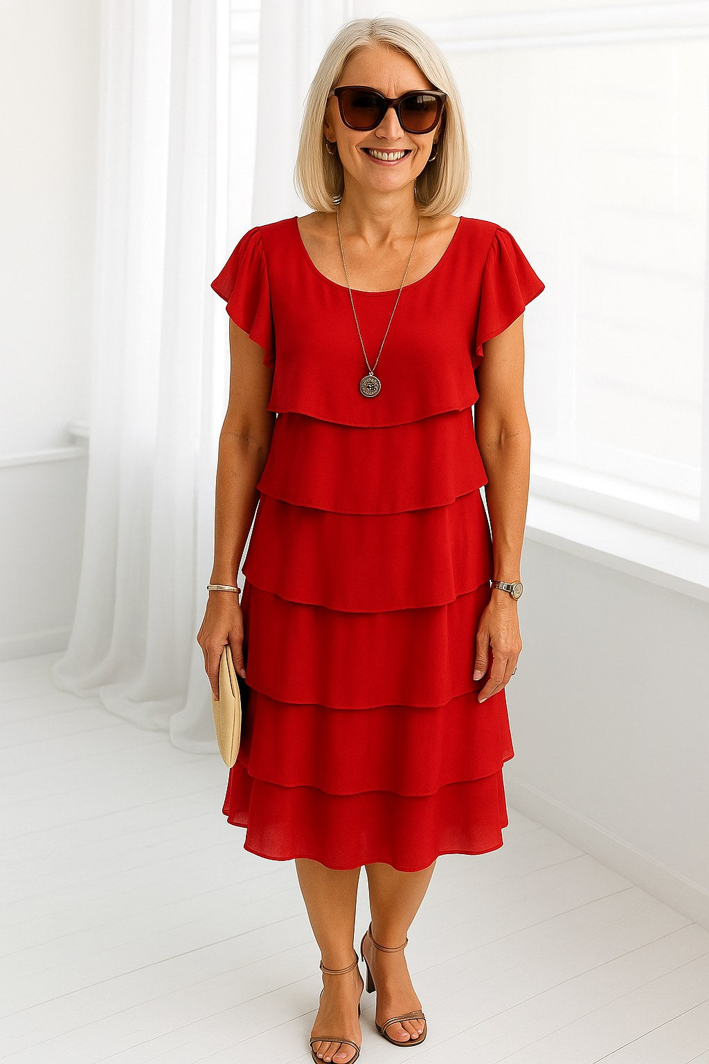 Natalie | Women's Short Sleeve Layered Midi Dress - Red
