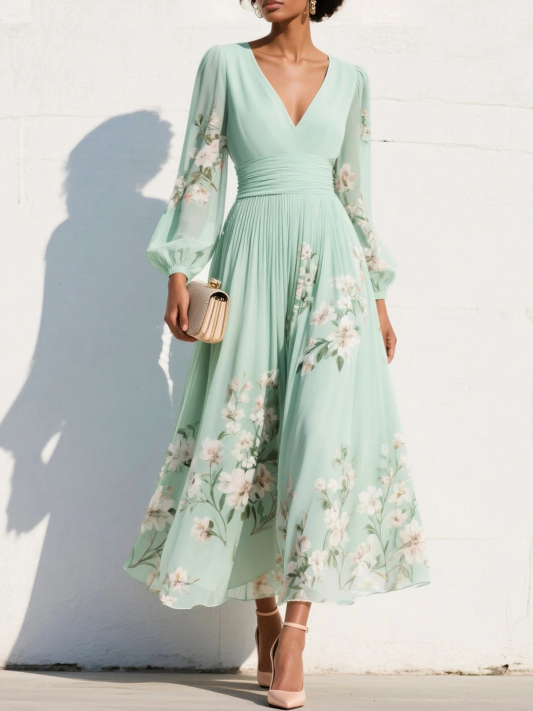Nicola | Women's V-Neck Chiffon Floral Midi Dress - Light Green