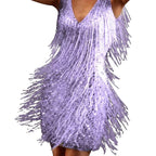 Leilani | Women's Sequin Dress with Fringe Trim, V-Neck Evening Dress | Animated Apparel