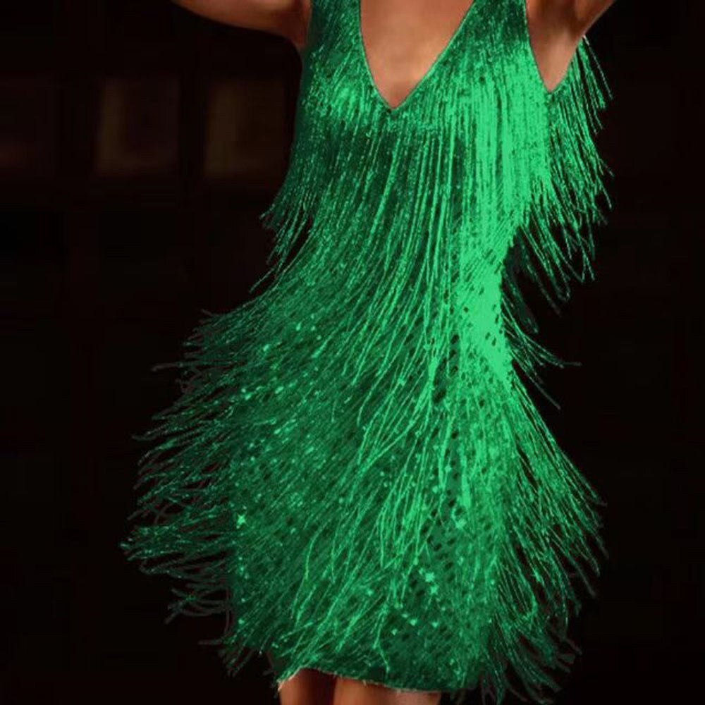 Leilani | Women's Sequin Dress with Fringe Trim, V-Neck Evening Dress | Animated Apparel
