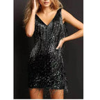 Leilani | Women's Sequin Dress with Fringe Trim, V-Neck Evening Dress | Animated Apparel