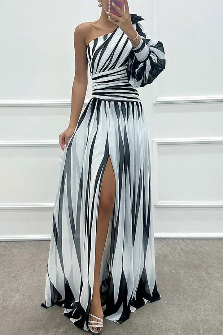 Noelle | Women's Asymmetrical One-Shoulder Striped Dress - White