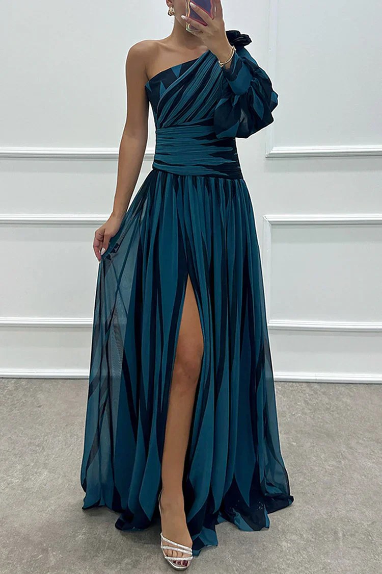Noelle | Women's Asymmetrical One-Shoulder Striped Dress - Blue