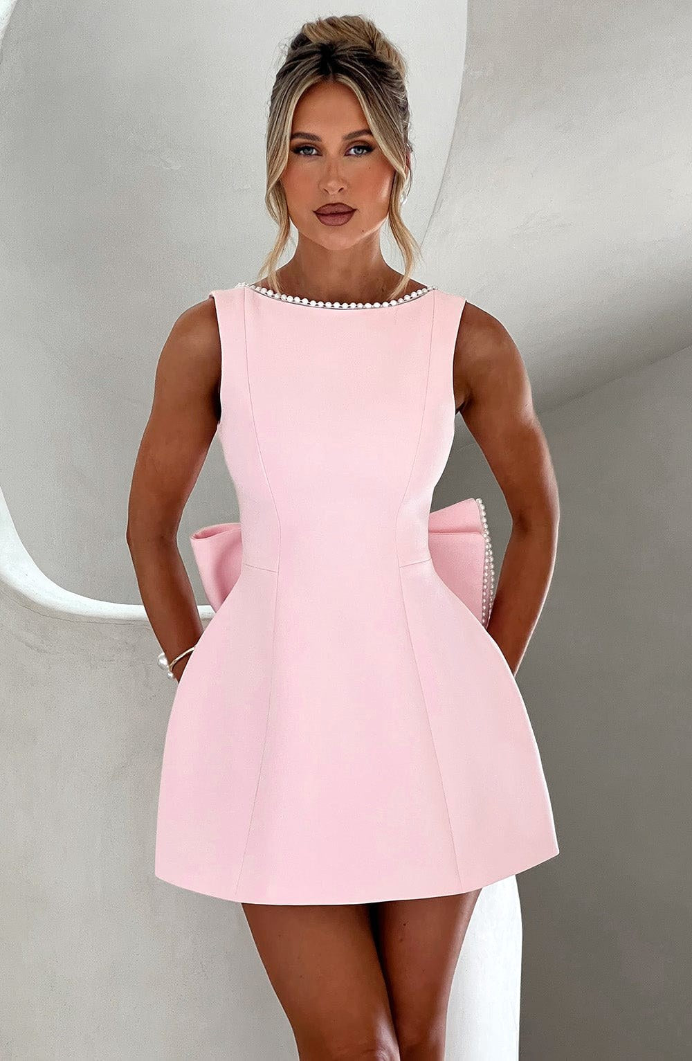 Noemie | Women's A-Line Mini Dress with Pearl Trim, Wedding Guest Dress | Animated Apparel | Pink