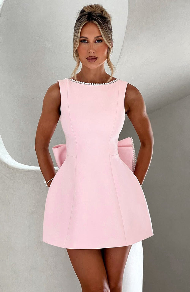 Noemie | Women's A-Line Mini Dress with Pearl Trim, Wedding Guest Dress | Animated Apparel | Pink