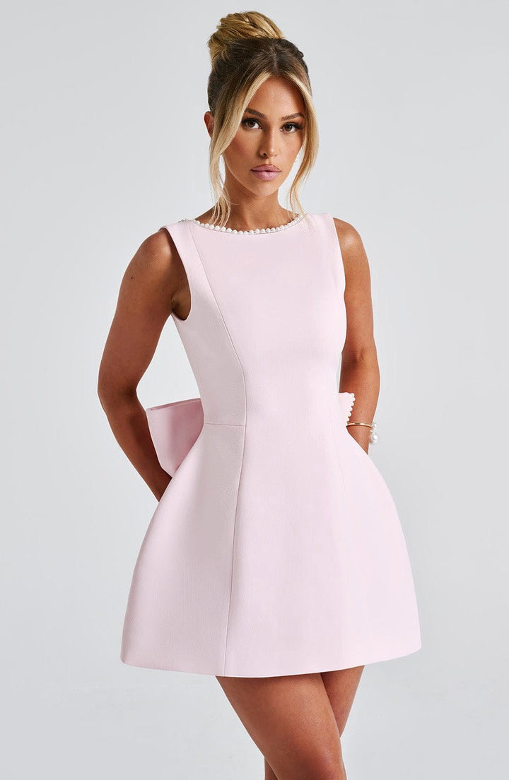 Noemie | Women's A-Line Mini Dress with Pearl Trim, Wedding Guest Dress | Animated Apparel | Black