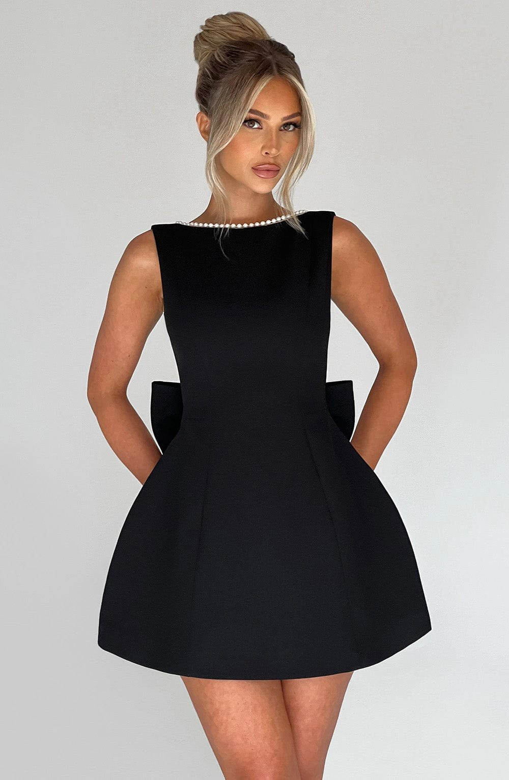 Noemie | Women's A-Line Mini Dress with Pearl Trim, Wedding Guest Dress | Animated Apparel