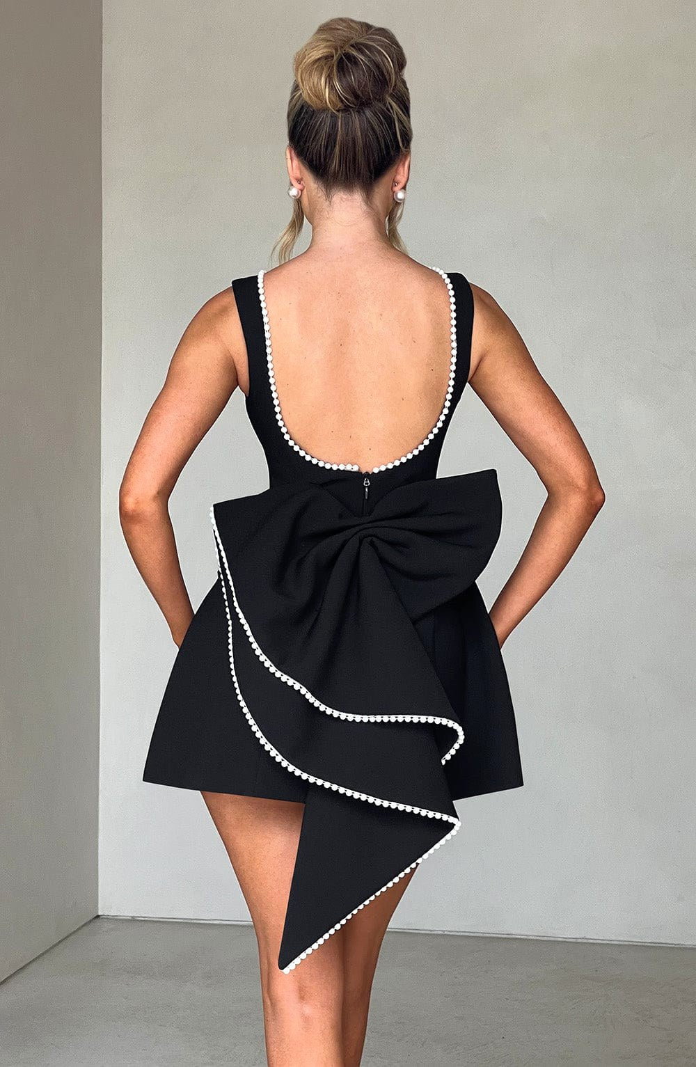 Noemie | Women's A-Line Mini Dress with Pearl Trim, Wedding Guest Dress | Animated Apparel