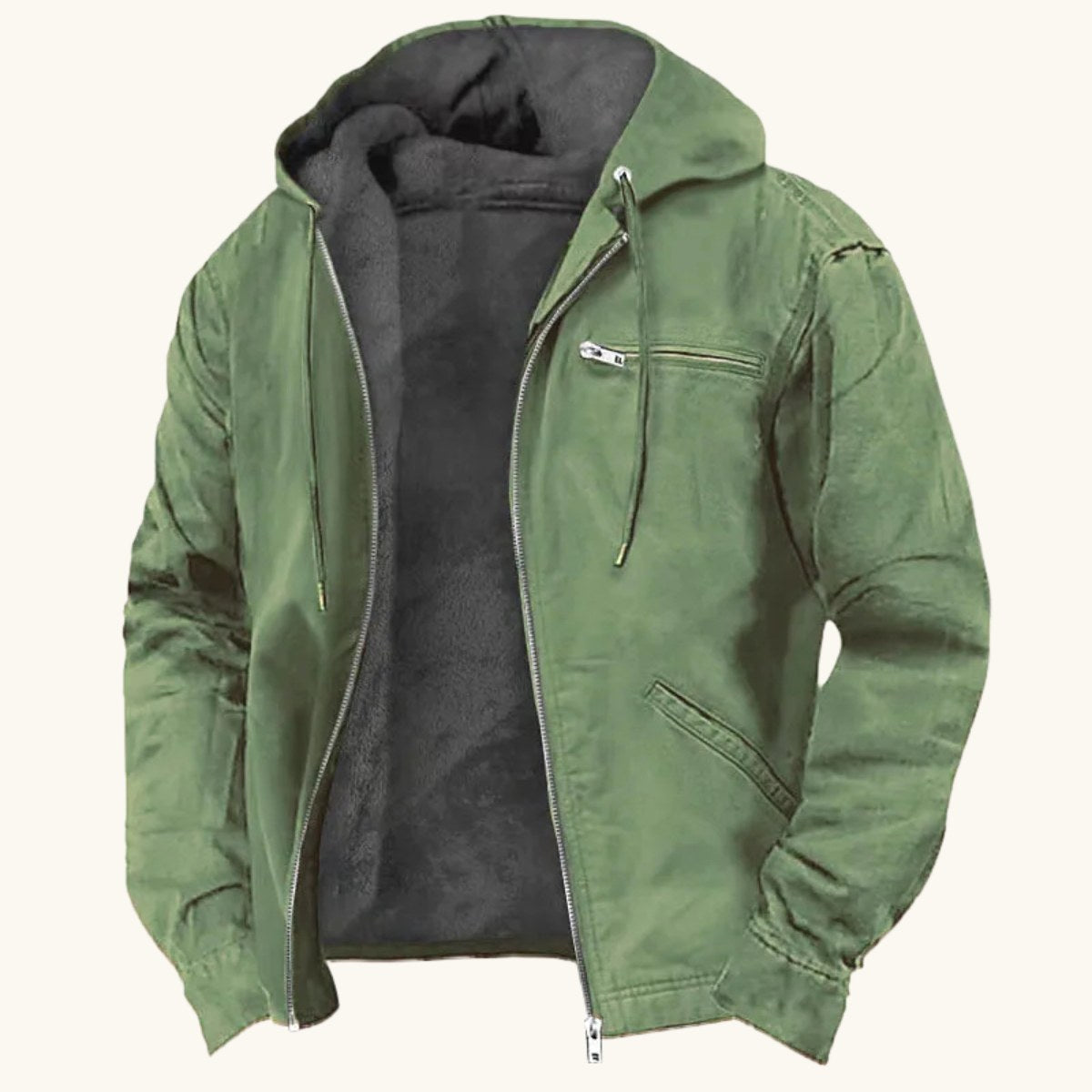 Nolan | Men's Fleece-Lined Hooded Jacket, Retro Autumn Jacket | Animated Apparel | Army Green
