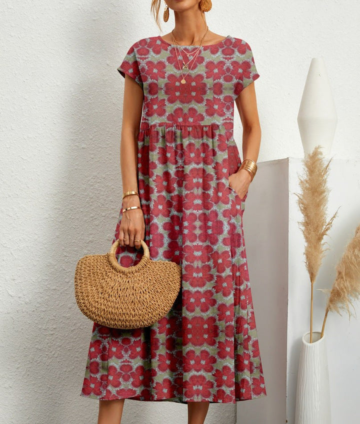 Nora | Women's Floral A-Line Midi Dress with Pockets - Roze