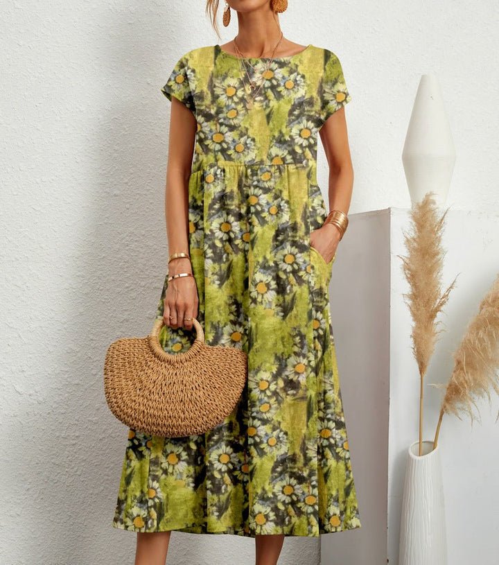 Nora | Women's Floral A-Line Midi Dress with Pockets - Geel