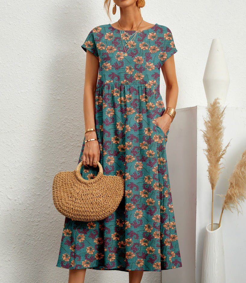 Nora | Women's Floral A-Line Midi Dress with Pockets - Blauw