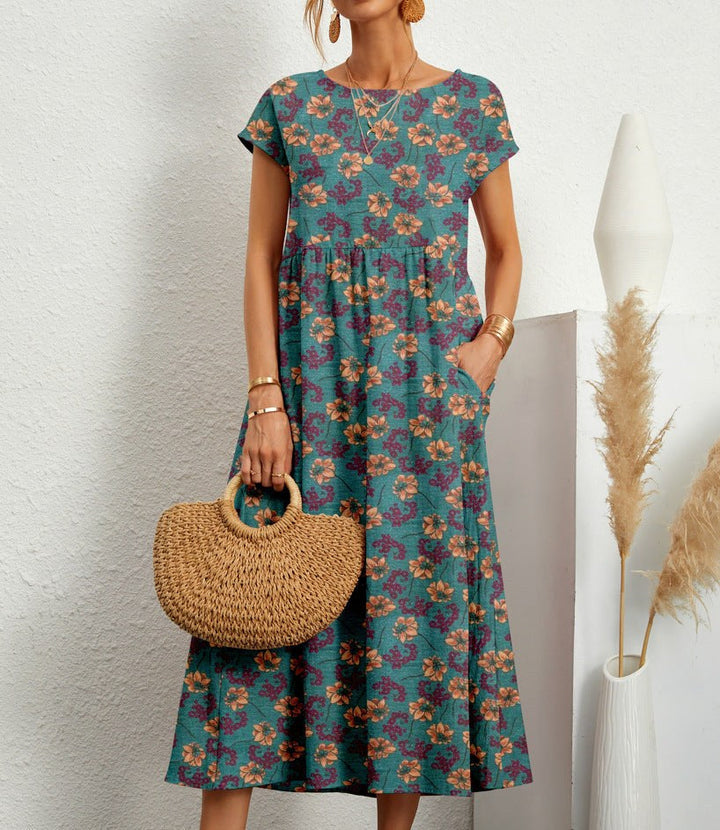 Nora | Women's Floral A-Line Midi Dress with Pockets - Blauw