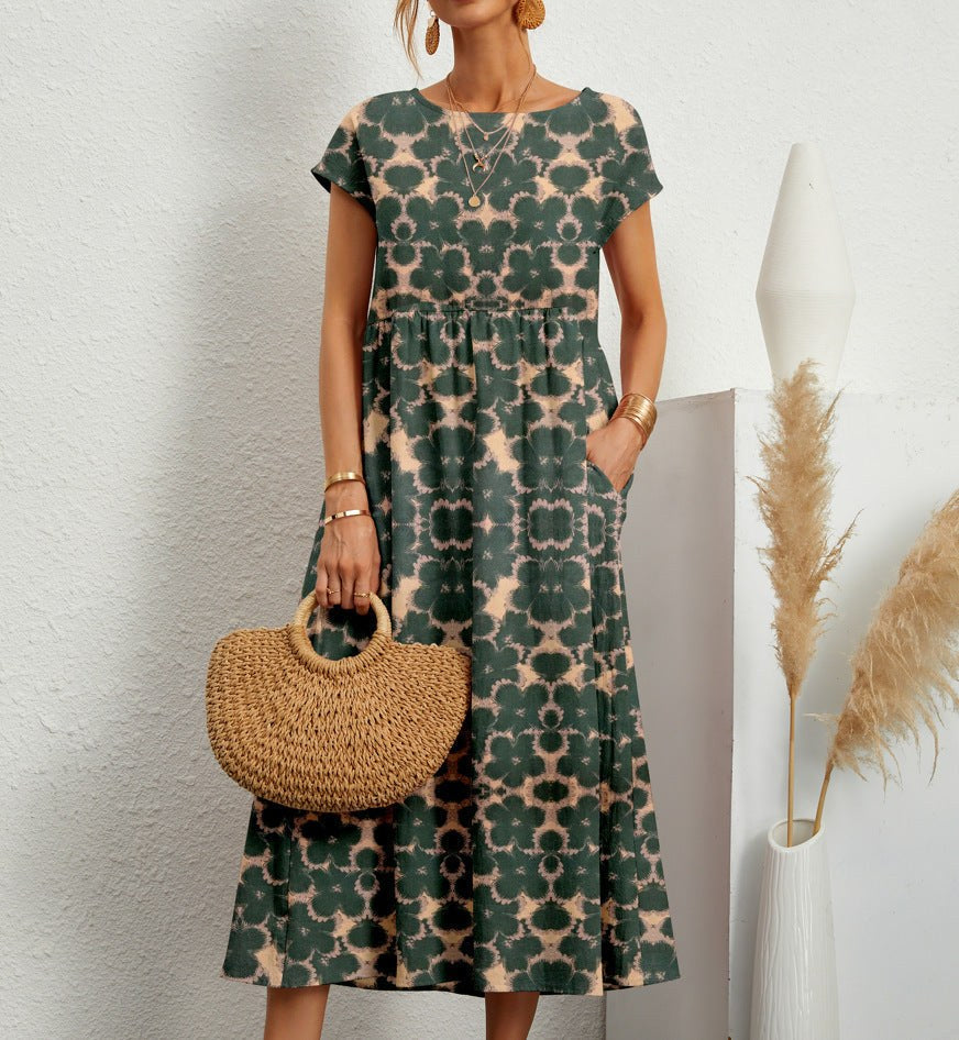 Nora | Women's Floral A-Line Midi Dress with Pockets - Groen