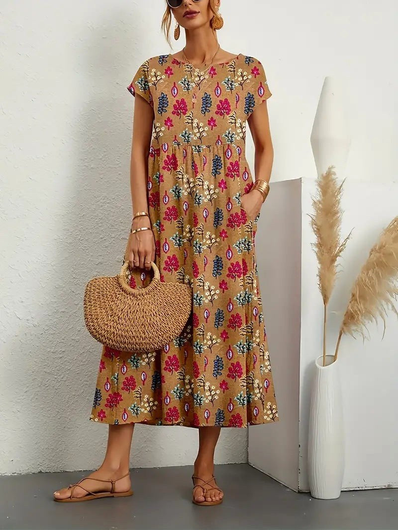 Nora | Women's Floral A-Line Midi Dress with Pockets - Khaki