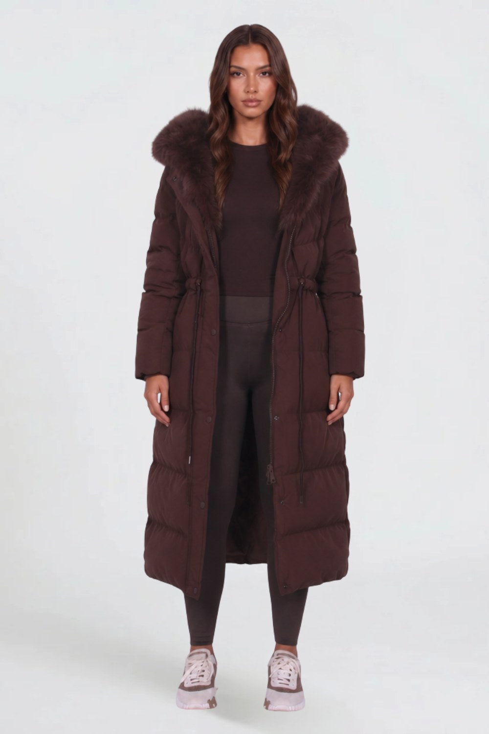 Brooklyn | Women's Long Padded Winter Coat, Hooded Faux Fur Collar Jacket | Animated Apparel | Brown